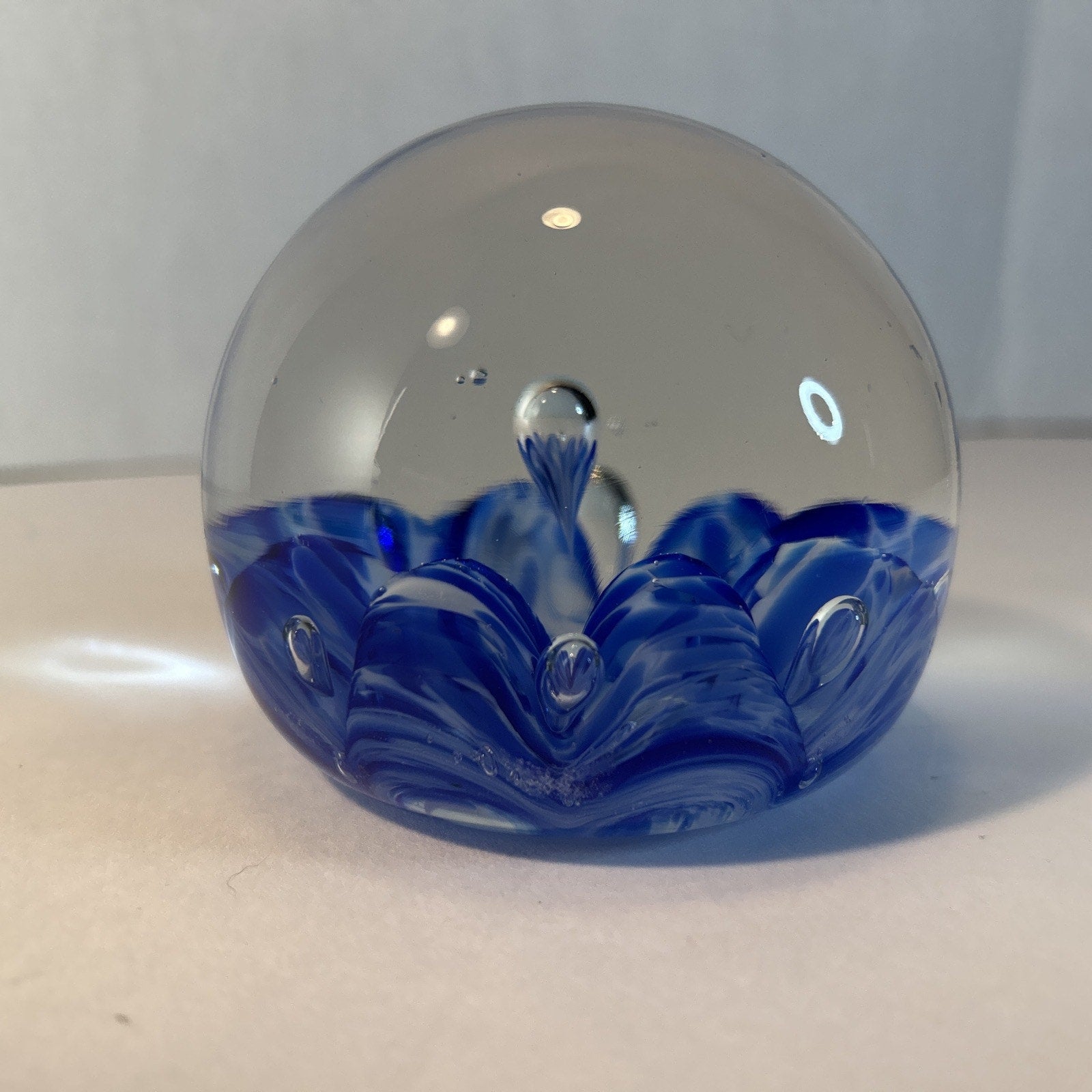 Vintage Monte Dunlavy Signed Art Glass Paperweight Blue Flower Design 3"