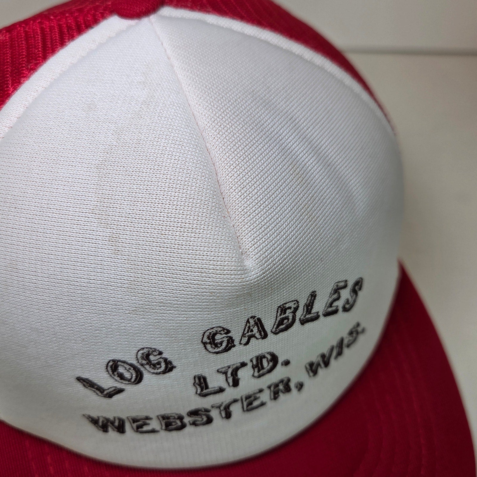 Vintage 80s Trucker Hat Log Gables Webster Wisconsin Snapback Mesh Red White