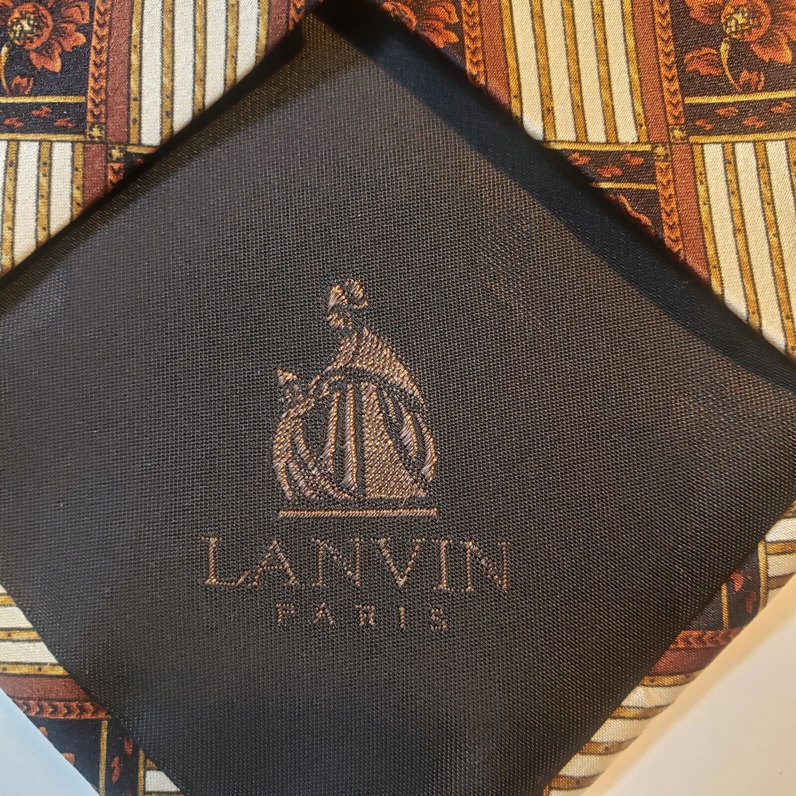 Lanvin Paris Brown Floral Pattern Silk Tie