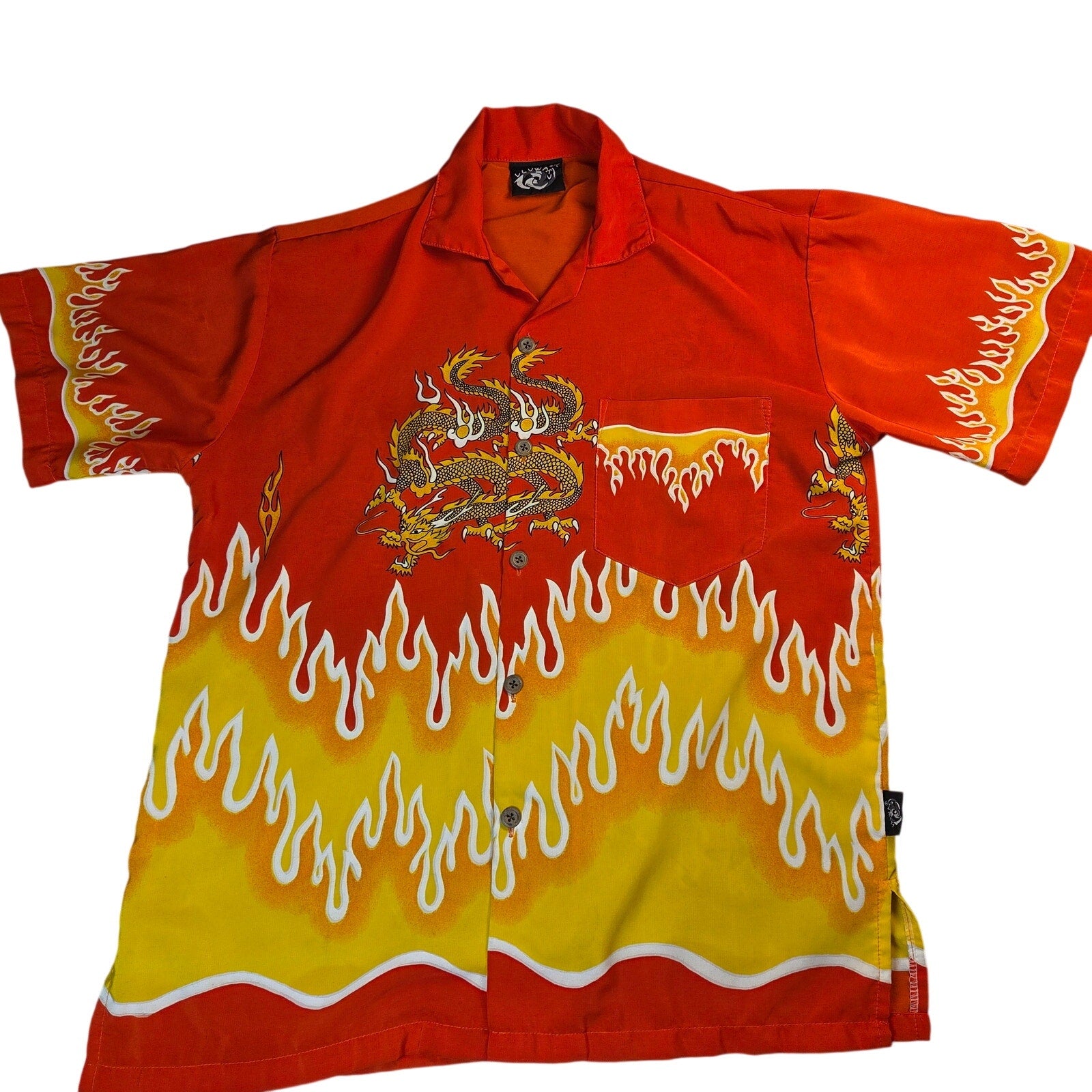 Uluwatu Dragon Flame Rayon Hawaiian Camp Shirt Mens Large Orange Y2K Top