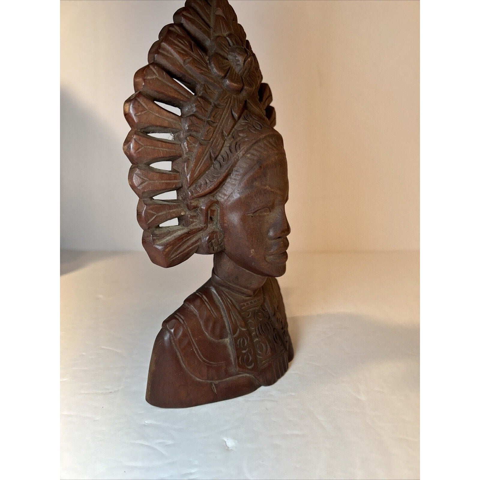 Balinese Hand-Carved Wood Bust Pair | Male & Female Headdress Statues 9-in