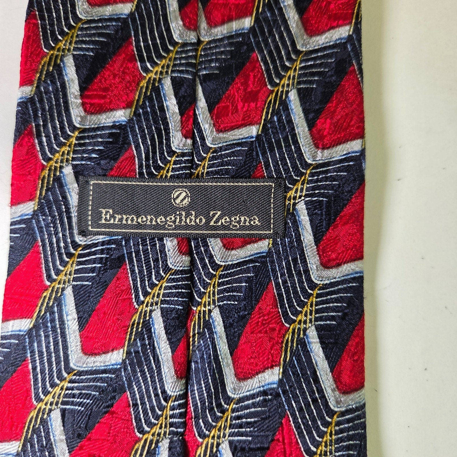Ermenegildo Zegna Silk Tie Geometric Red Navy Gold Made in Italy 58"