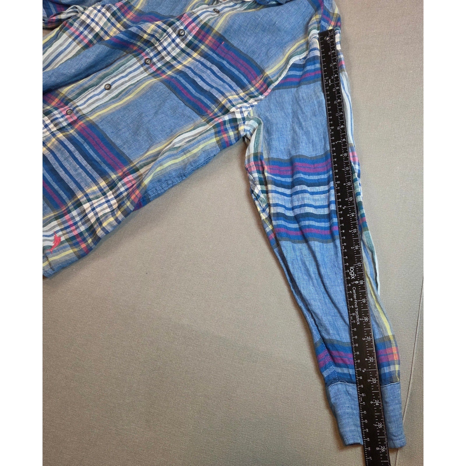 Tommy Bahama Linen Plaid Shirt XL Blue Button Up Marlin Logo Long Sleeve