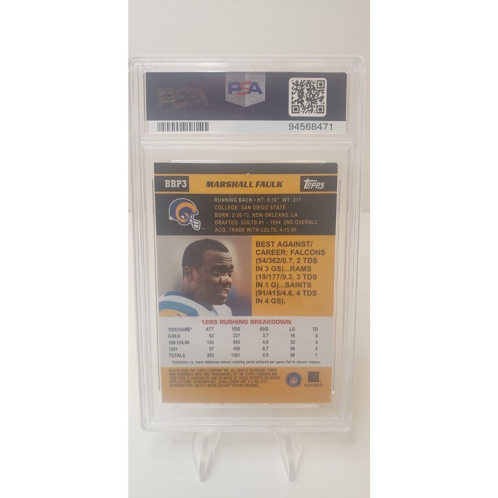 2000 Bowman's Best Marshall Faulk Previews #BBP3 PSA/DNA Cert Auto 8 HOF RB