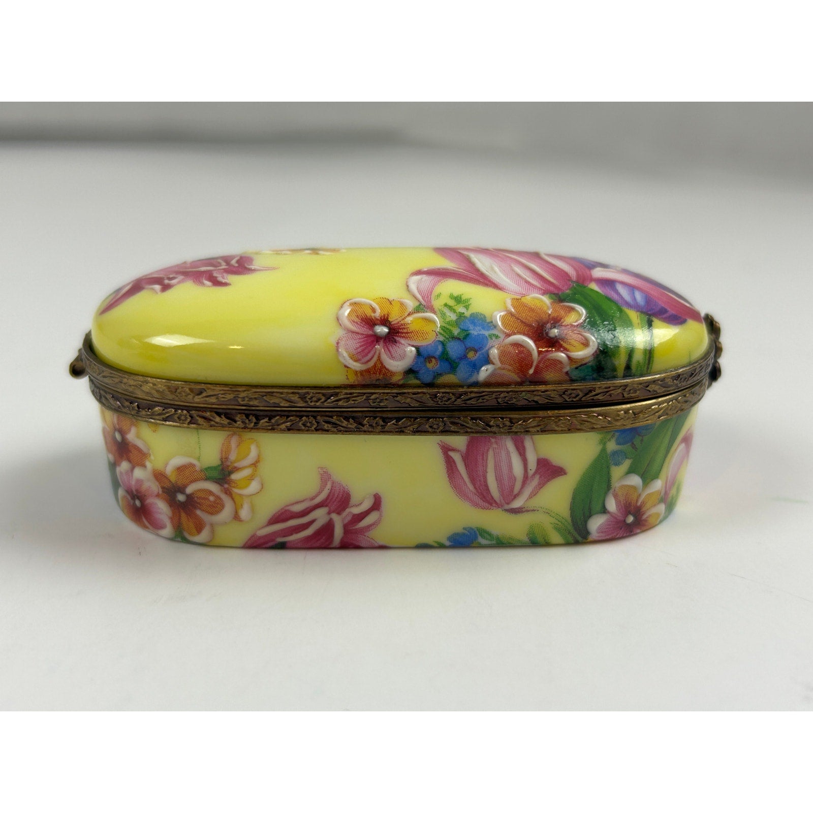 Rochard Limoges France Trinket Box Raised Floral Hand Painted Yellow Oval