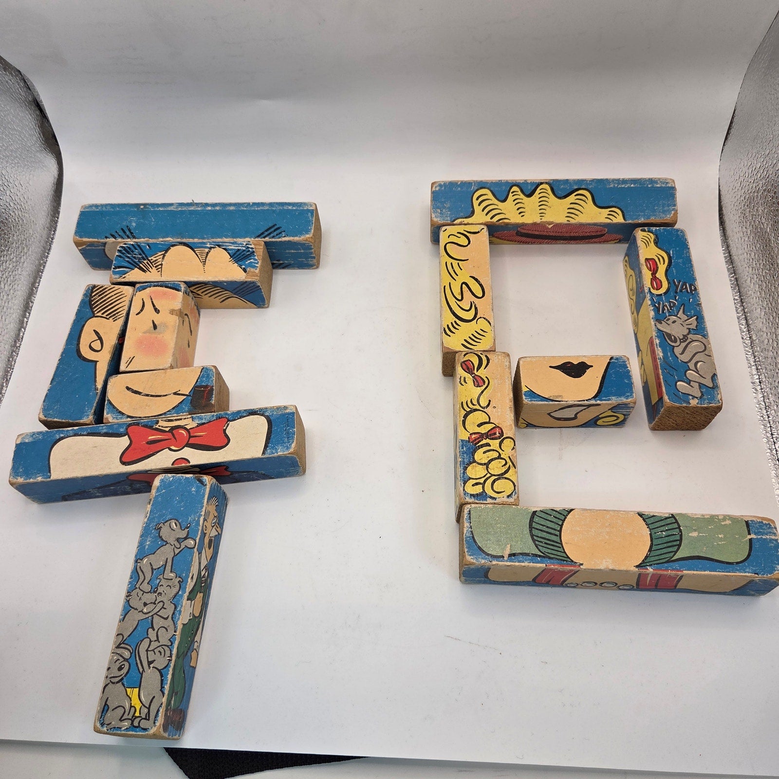 Vintage 1930s Dagwood & Blondie Wooden Comic Puzzle Blocks Lot of 13 Incomplete