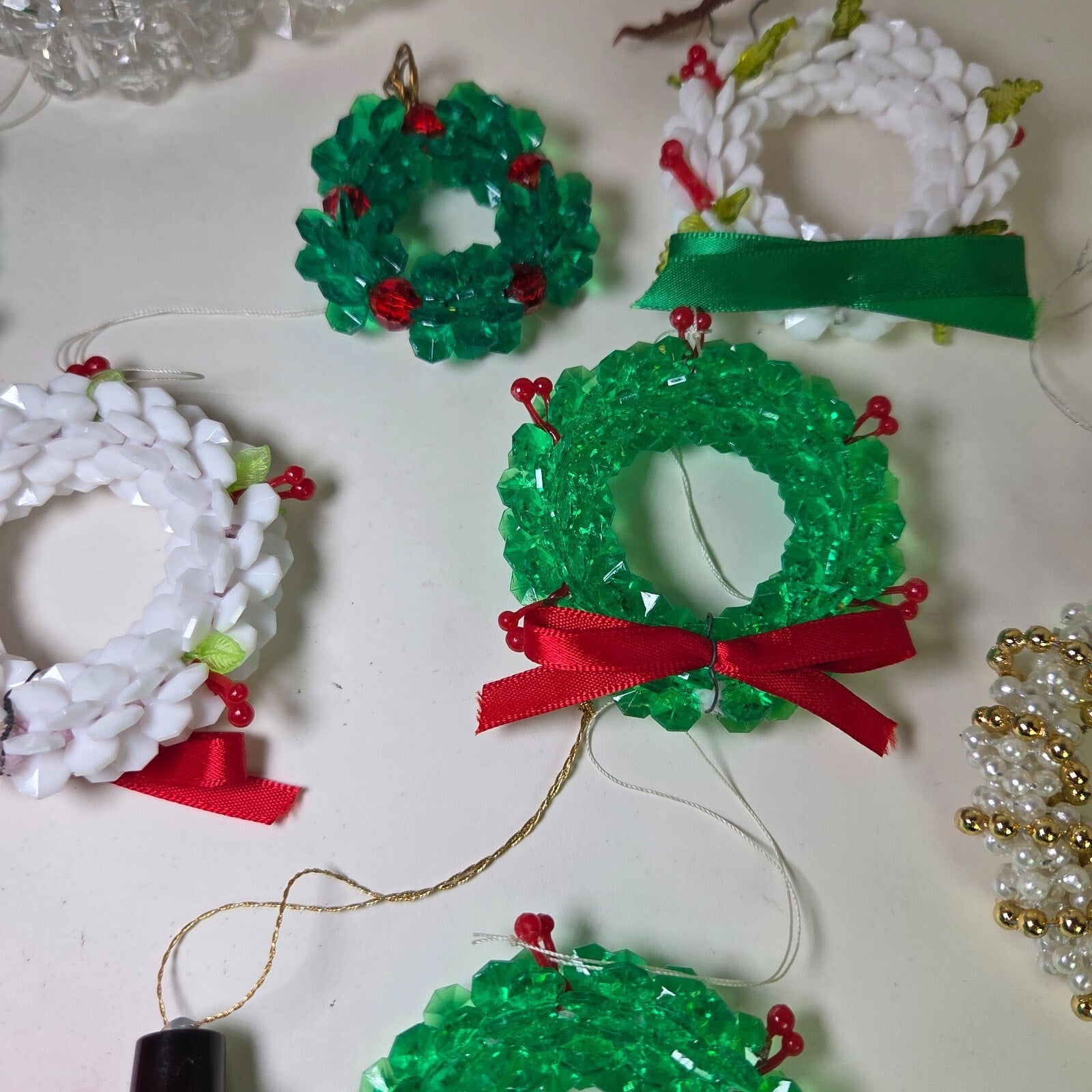 Vintage Handmade Beaded Christmas Ornaments Lot – Wreaths, Birds, More