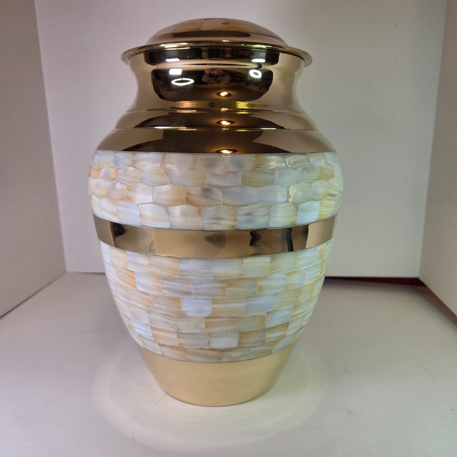 Large 12" Brass Mother of Pearl Cremation Urn for Adult Ashes