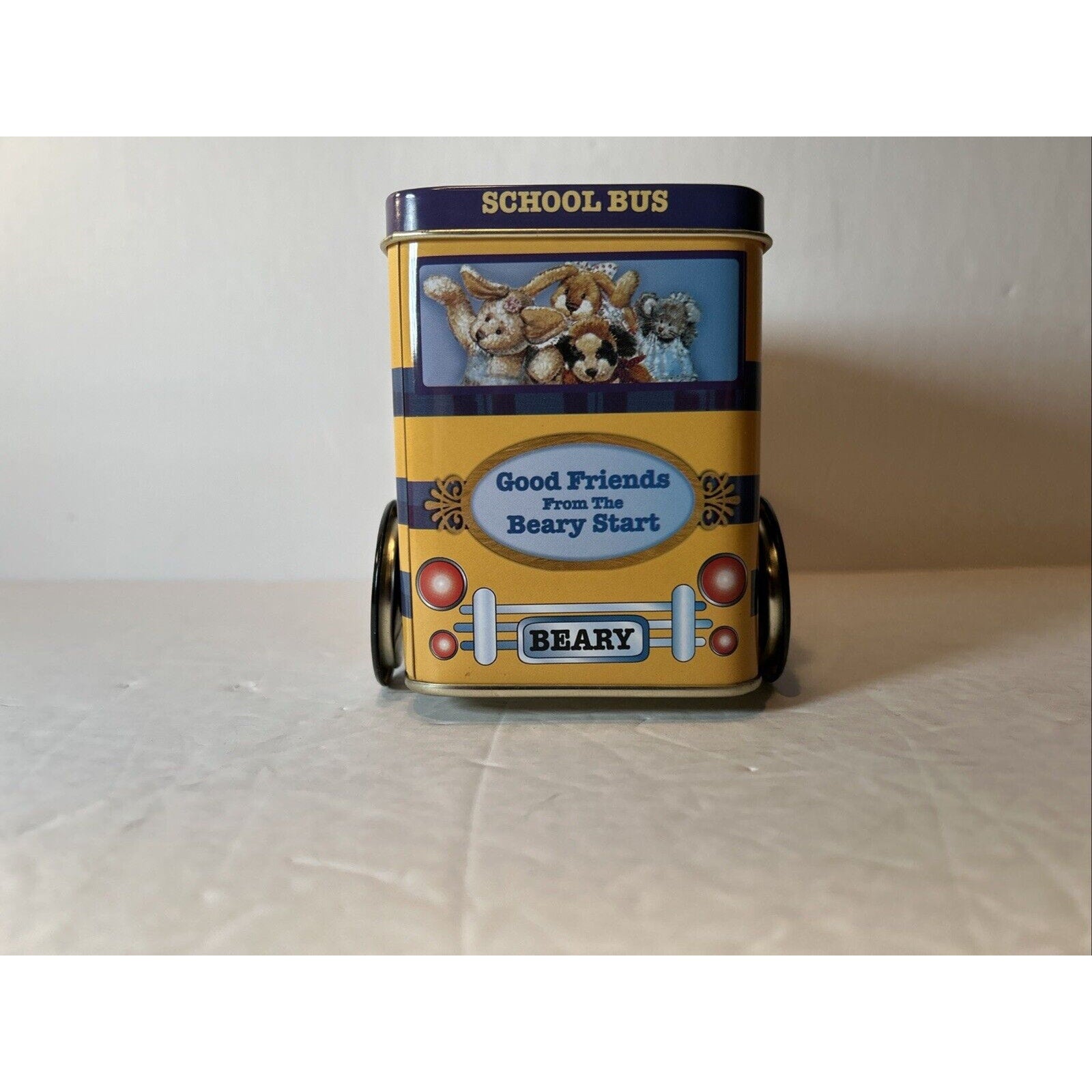 Vintage NOS GIFTCO School Bus with Wheels Tin Bank NIB Stewart Sherwood Bears