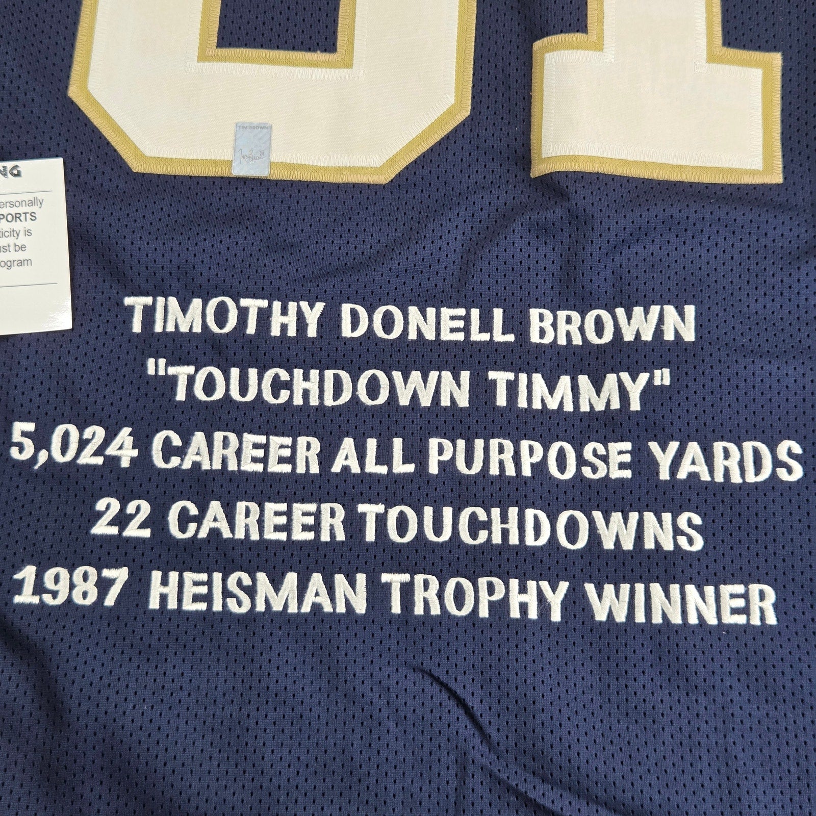 Tim Brown Signed Notre Dame Career Stats Custom Jersey XL GTSM COA Heisman