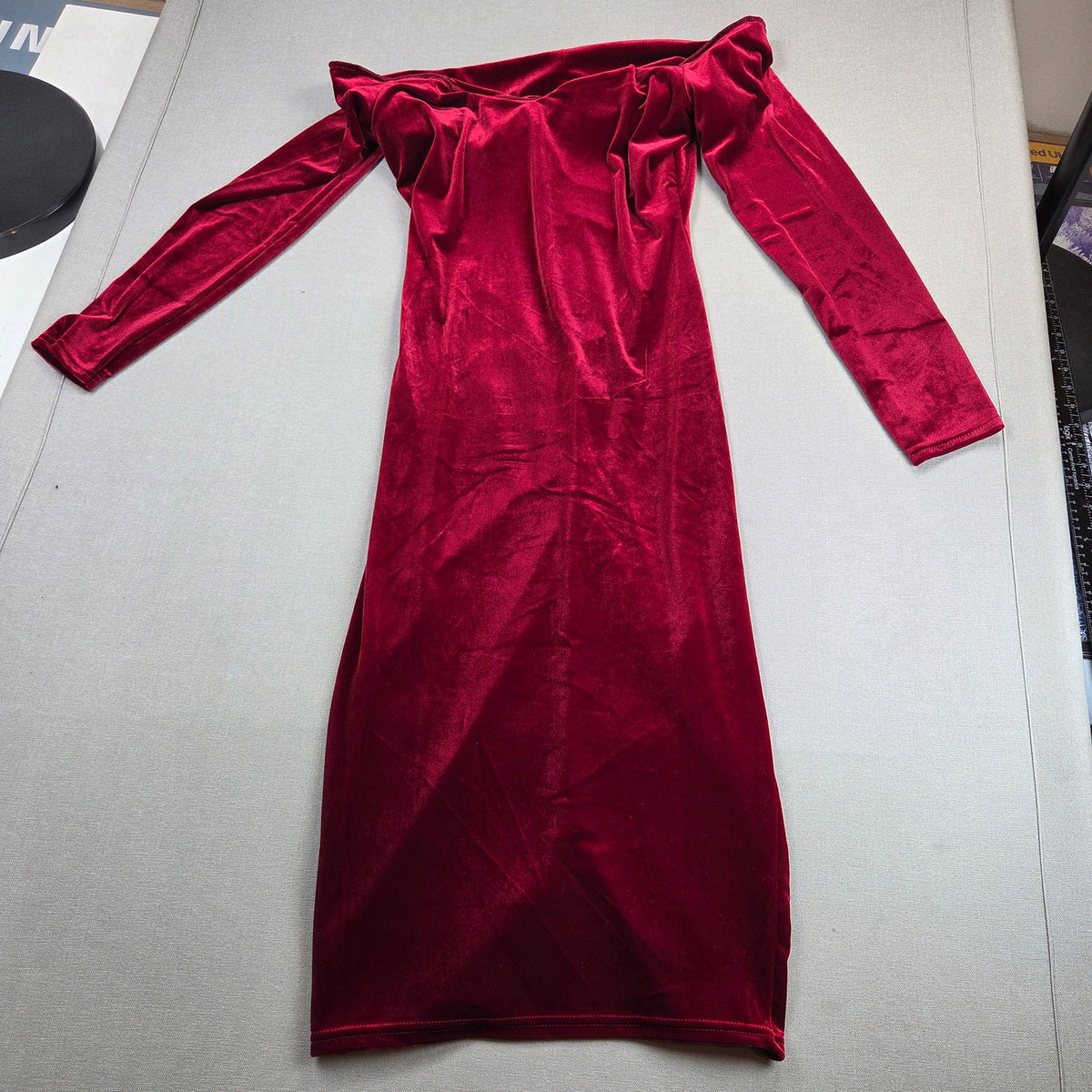 Club L London Compliment Berry Velvet Bardot Midi Dress US 8 UK 12 NWT