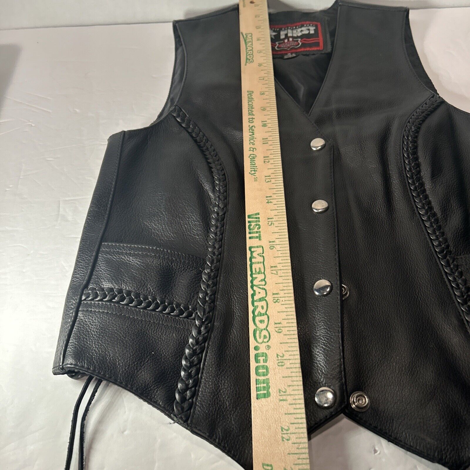 First Classic Women’s Leather Biker Vest Size Small Black Braided Lace Sides