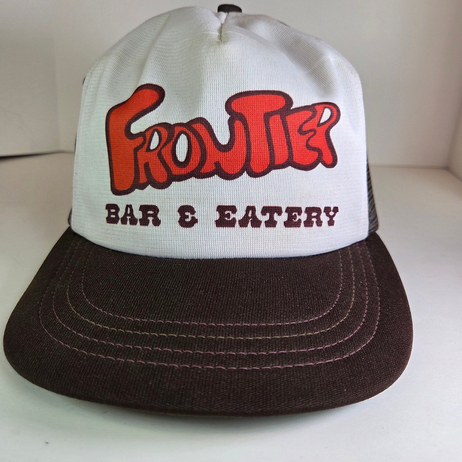 Vintage Frontier Bar & Eatery Trucker Hat Snapback Mesh Cap Brown White USA
