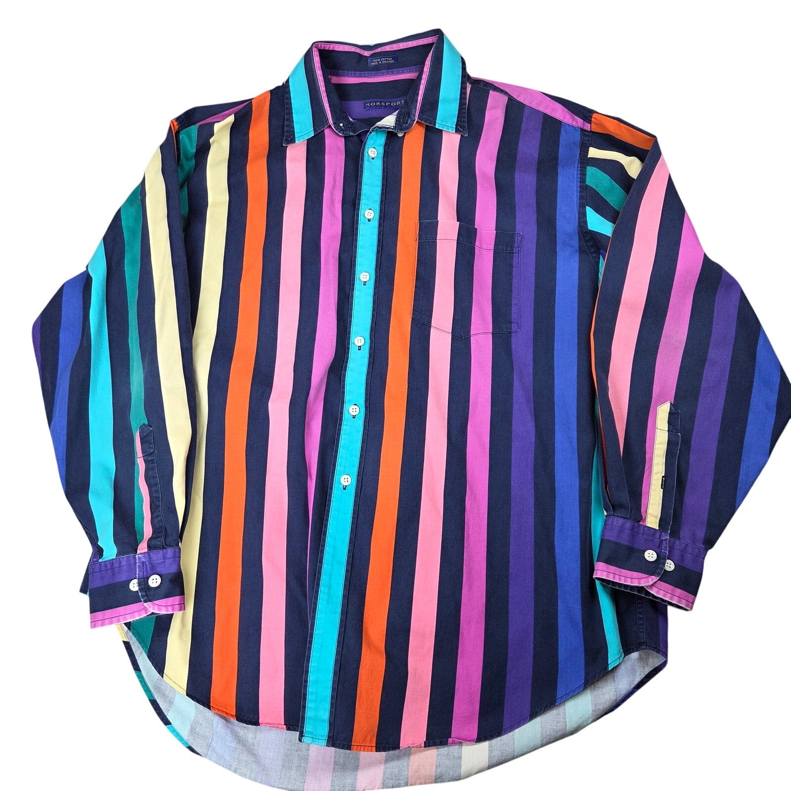 Norsport Mens L Multicolor Striped Button Down Shirt Cotton Malaysia Retro