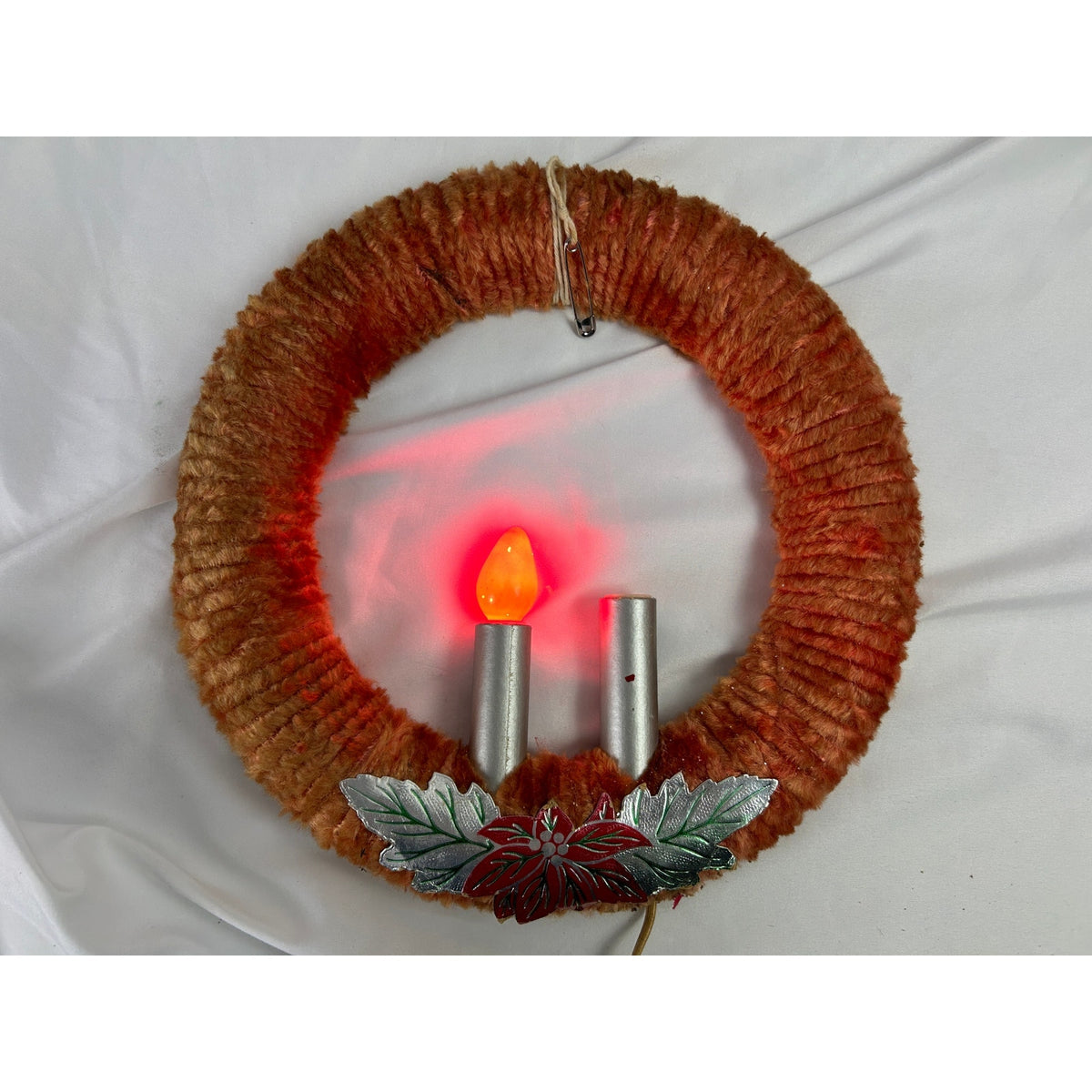 Vintage 1940s Chenille Christmas Wreath Double Electric Candles 11" WORKS