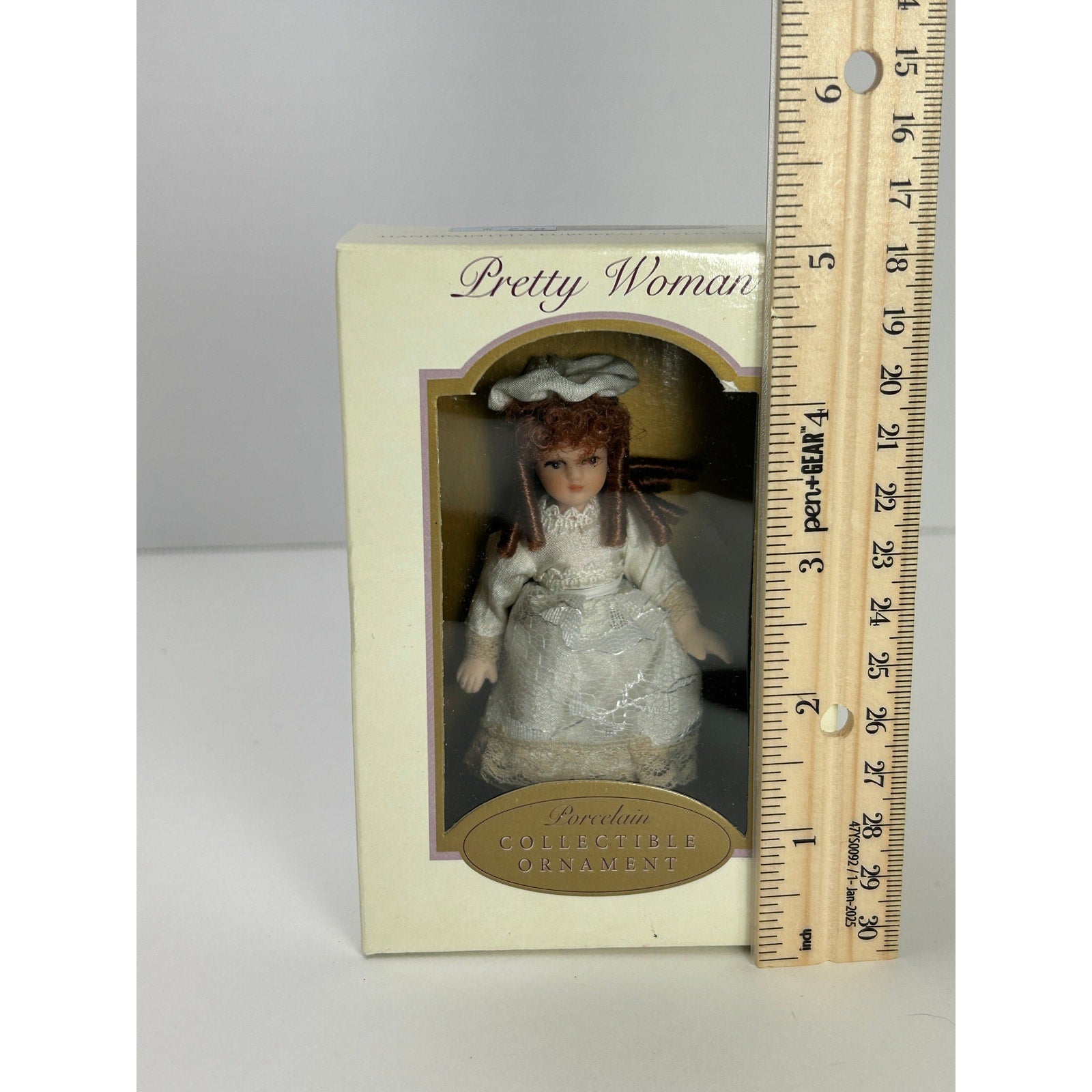 Pretty Woman Porcelain Doll Ornament Gold Red Trim Dress Brunette Curls 2004