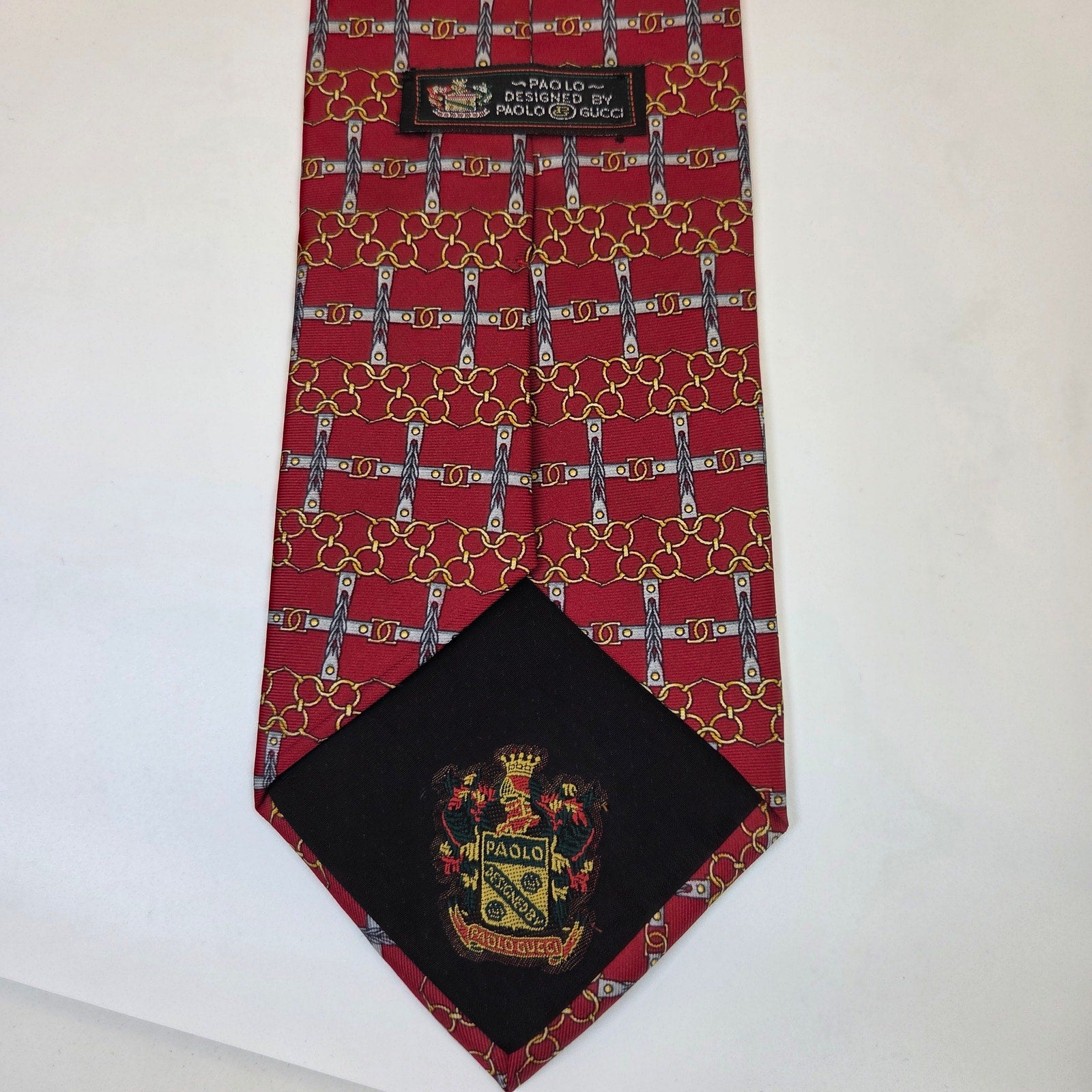 Paolo Gucci Red Silk Chain Link Equestrian Tie Made Italy Vintage 4in Wide