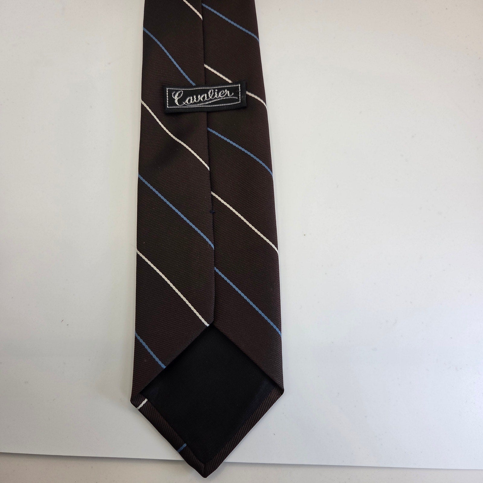 Vintage 1970s Cavalier Brown Blue Stripe Polyester Tie 3” Made USA