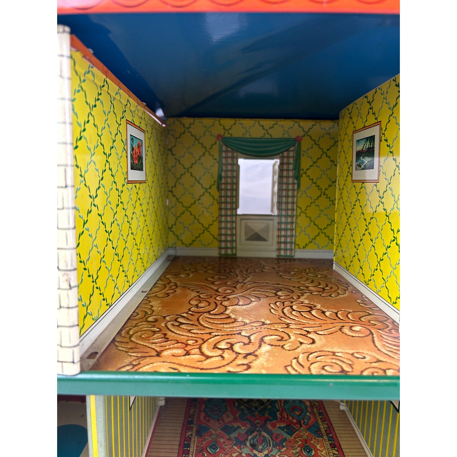 Large Vintage 1950's T Cohn Tin Litho Dollhouse Two Story Modern House