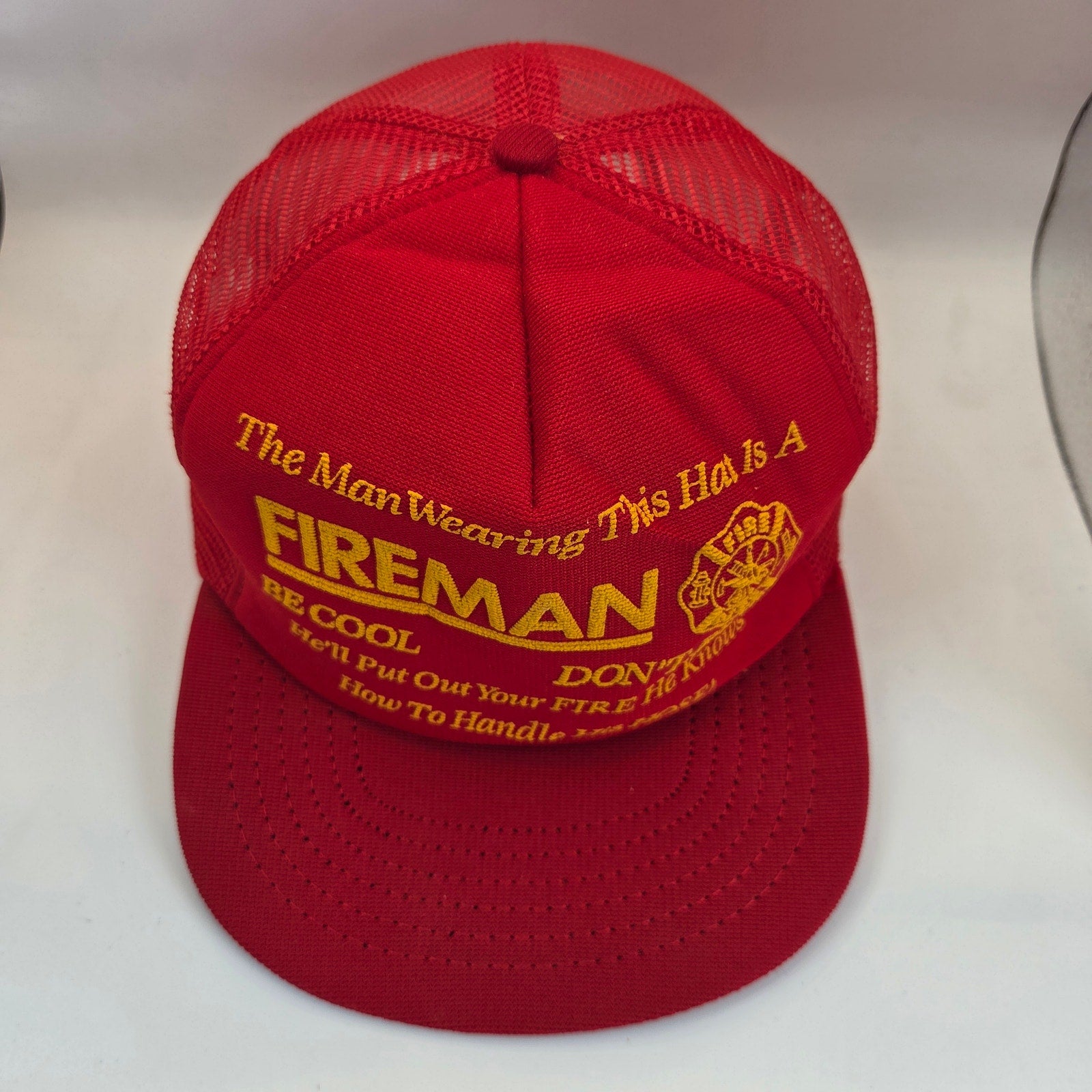 Vintage Fireman Novelty Mesh Trucker Snapback Hat Made USA Foam Cap Red