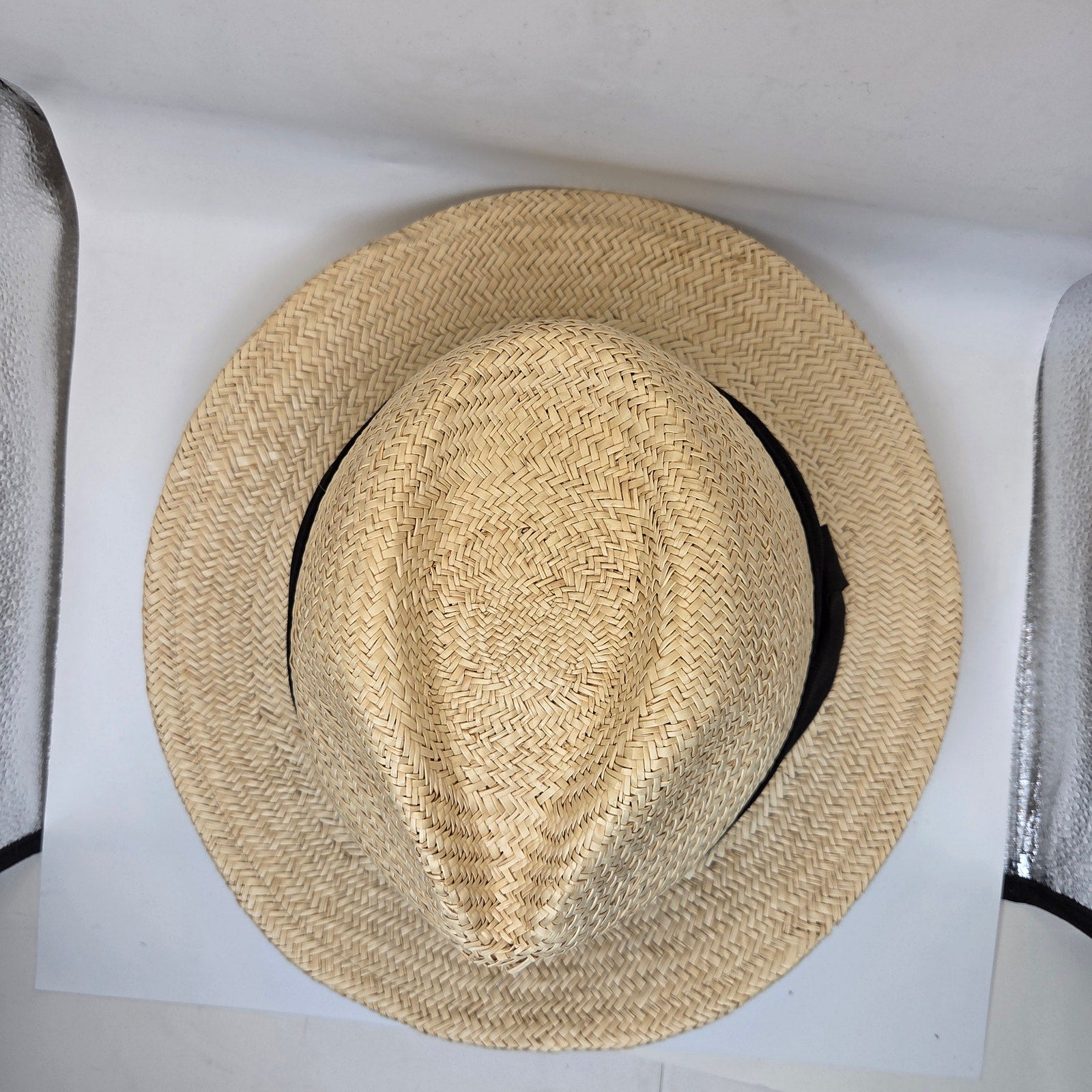 Straw Boater Hat Unbranded Black Band Flat Crown Summer Skimmer Hat