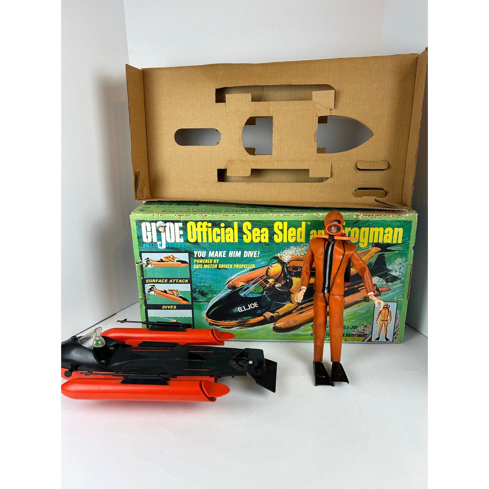 GI Joe Sea Sled Frogman Set with 1964 Action Sailor Figure Working Motor
