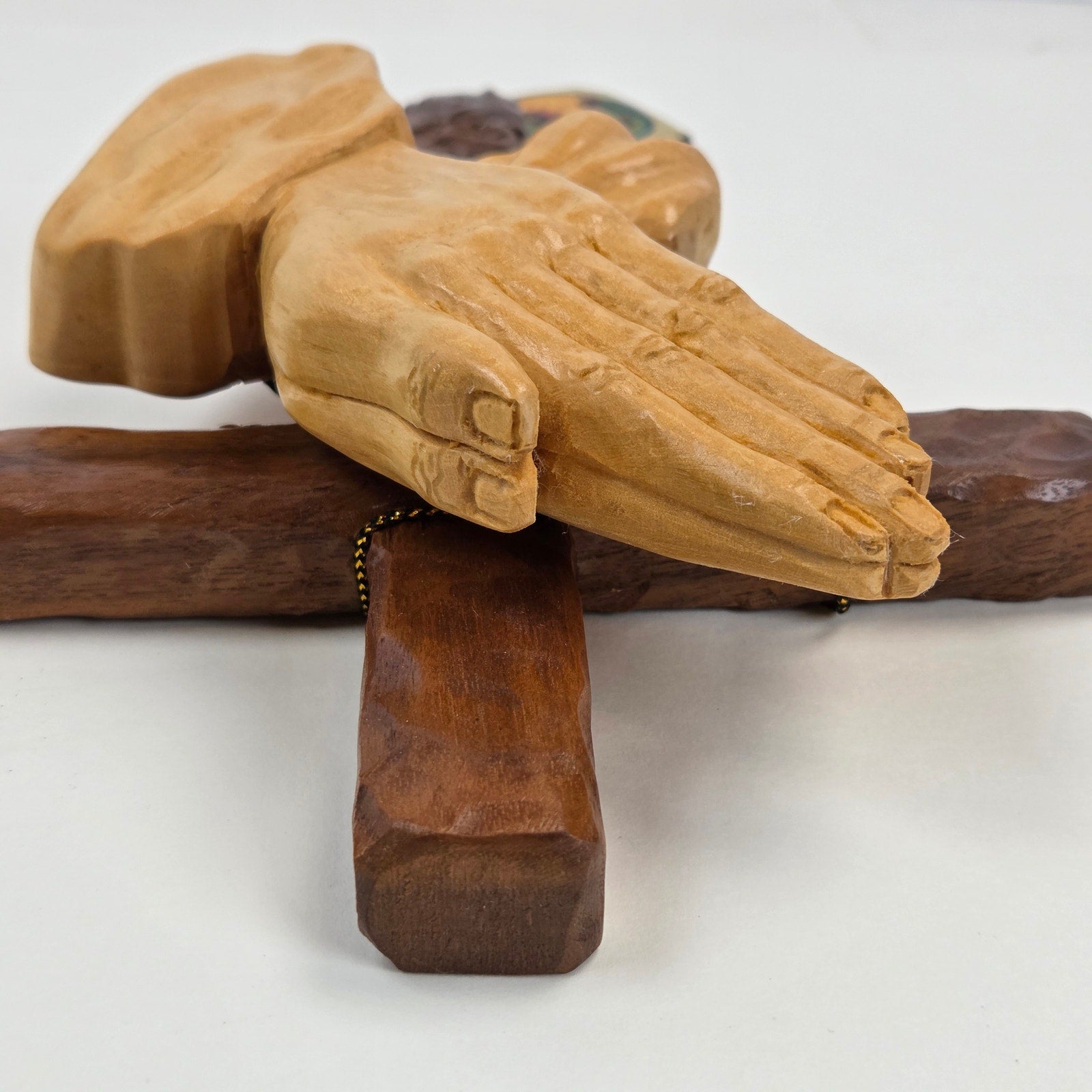 Signed Jim Ward Hand Carved Wooden Praying Hands Cross Wall Hanging Folk Art