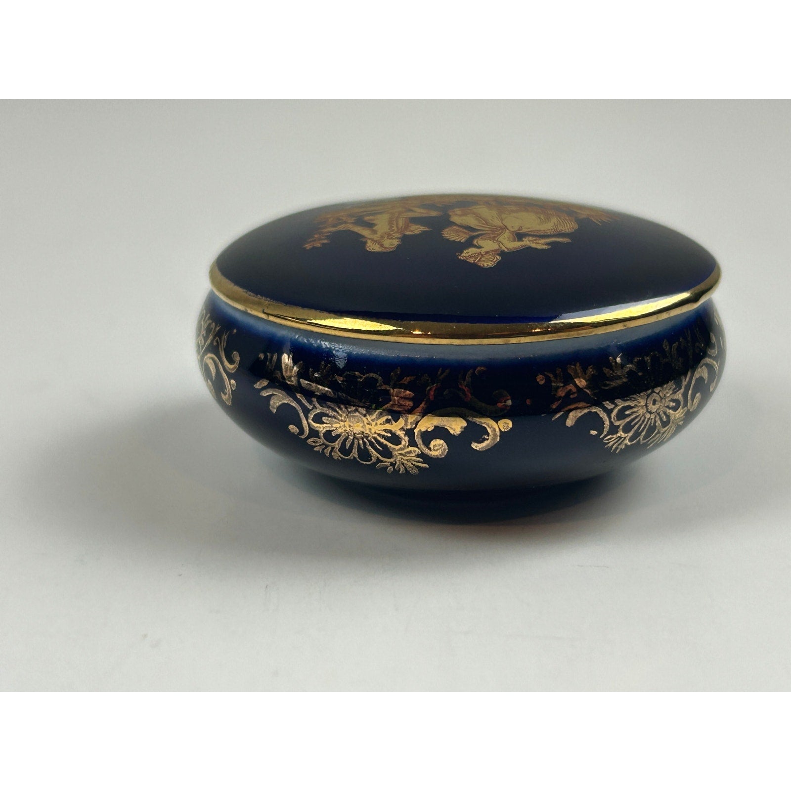 Limoges Castel Cobalt Blue Trinket Box Courting Couple 22K Gold France