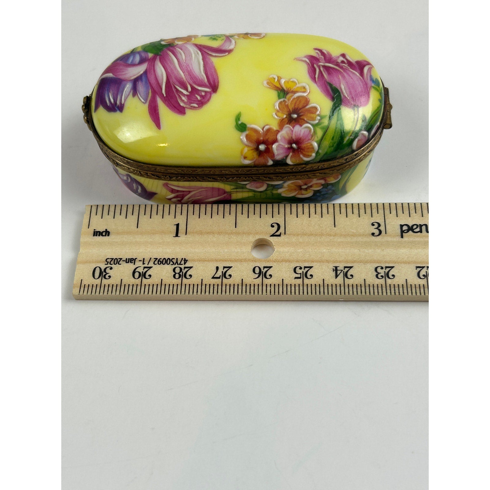 Rochard Limoges France Trinket Box Raised Floral Hand Painted Yellow Oval