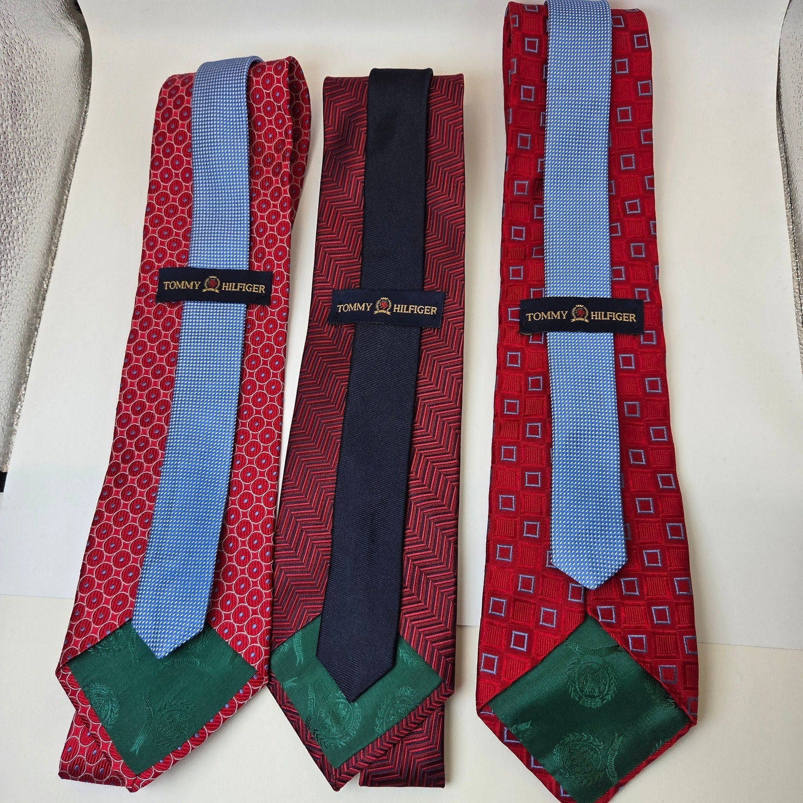 Tommy Hilfiger Silk Tie Lot 3 Red Geometric USA 3.75 Classic Width Contrast Tips