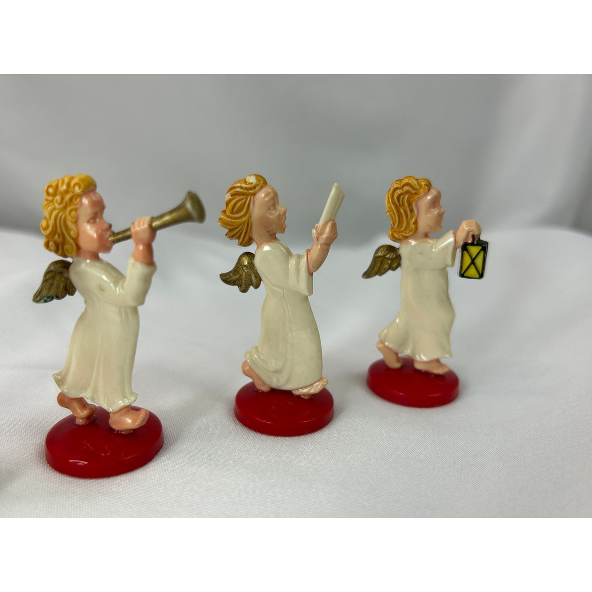 Vintage West Germany Angel Figurines Set 5 Plastic Christmas Red Base MCM