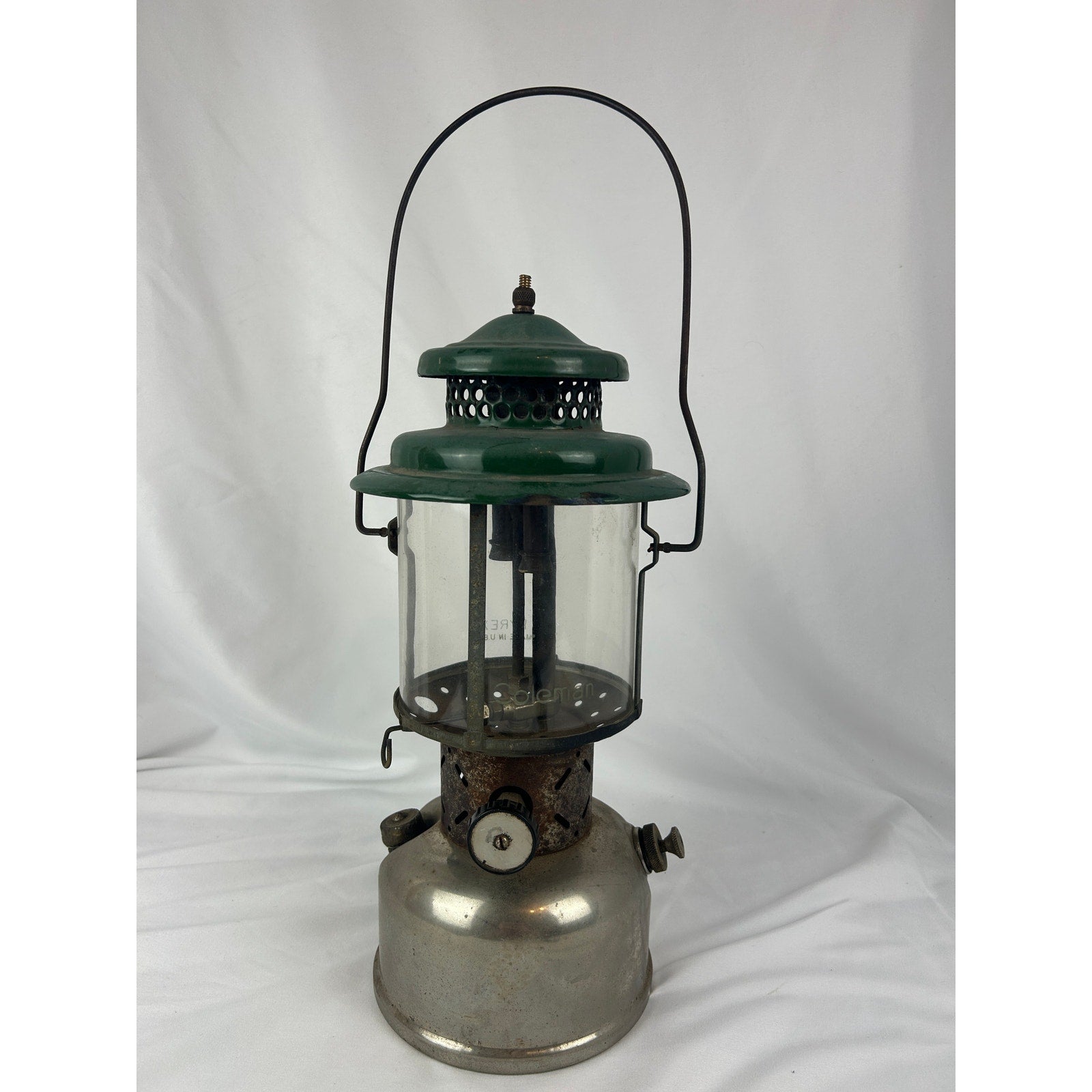 Coleman Double Mantle Lantern Green Top Pyrex Globe Made in USA Vintage