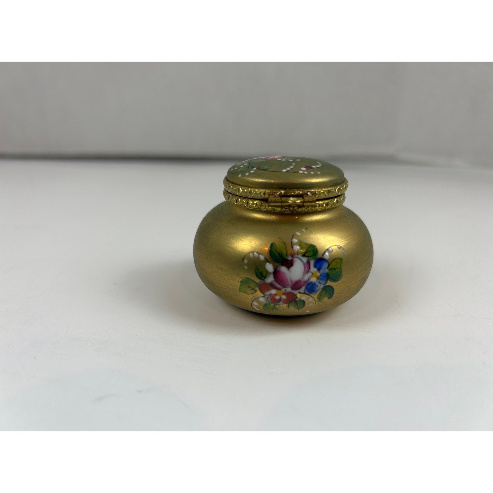 Limoges France Hand Painted Trinket Box Matte Gold Floral Round