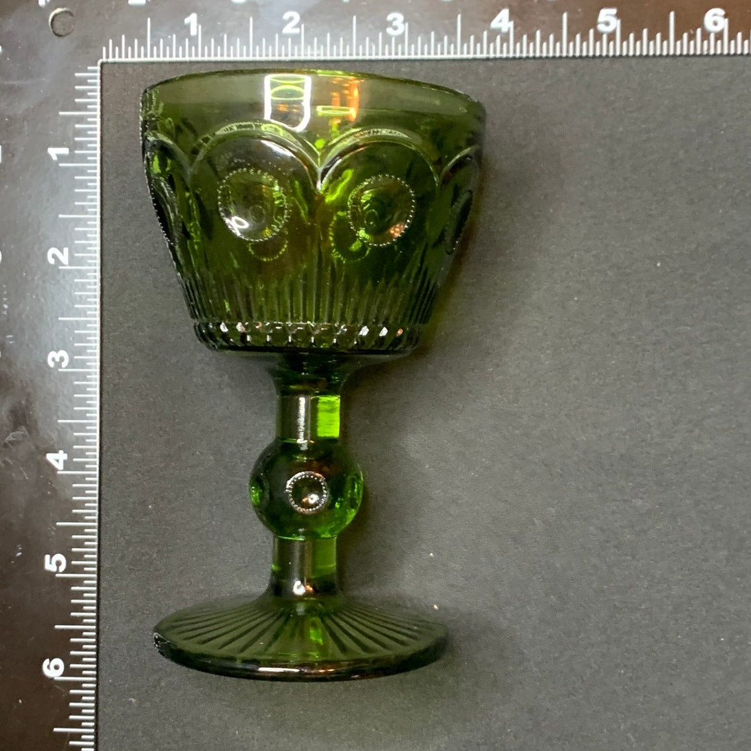 Olive Green Pressed Glass Wine Goblets Ball Stem Rayed Foot Set of 9