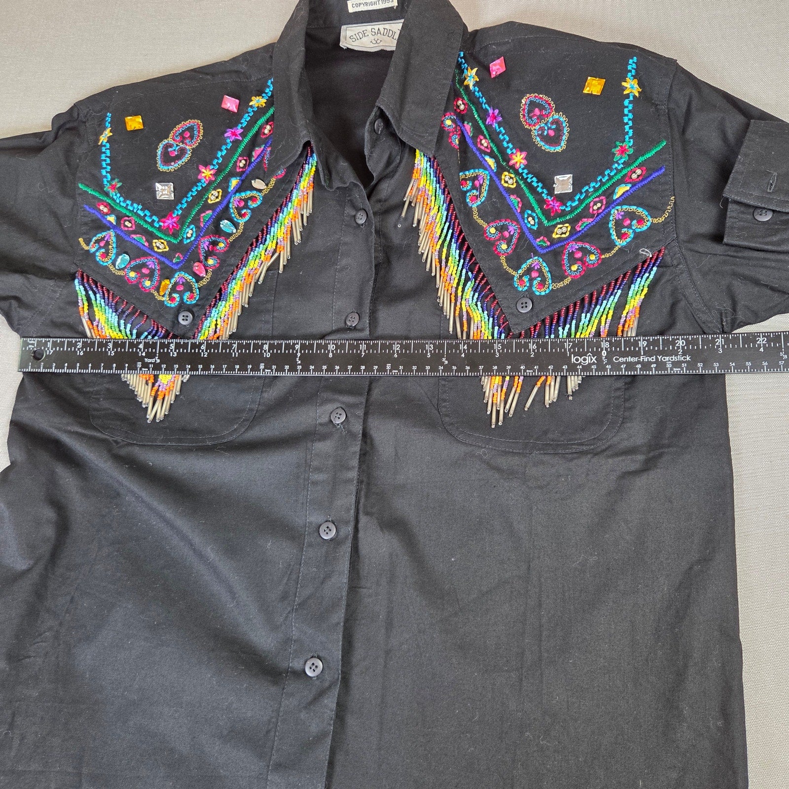 Side Saddle 1993 Beaded Fringe Western Button Shirt Black Cotton M Pad