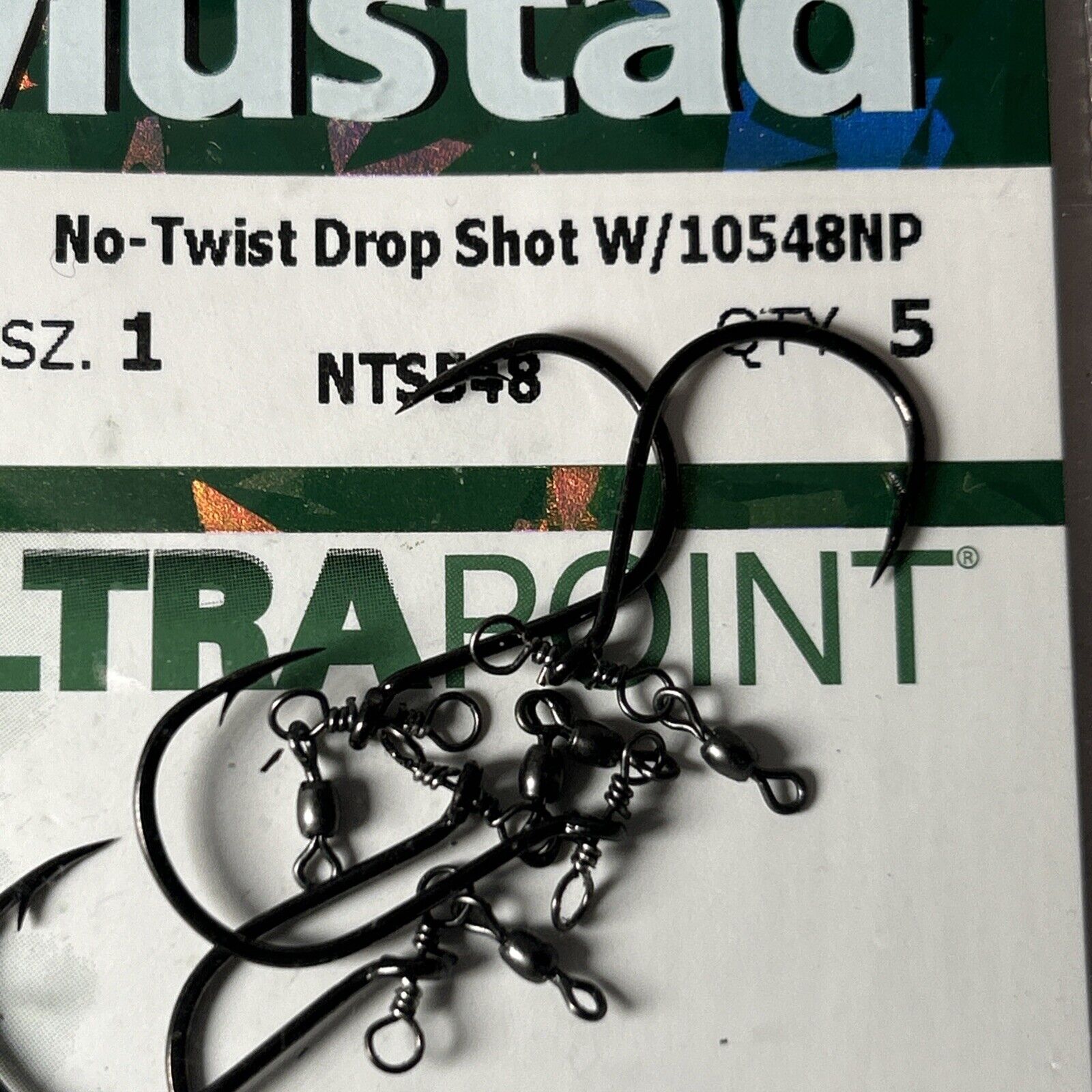 5 Mustad No Twist Drop Shot Hooks W/10548NP Size 1