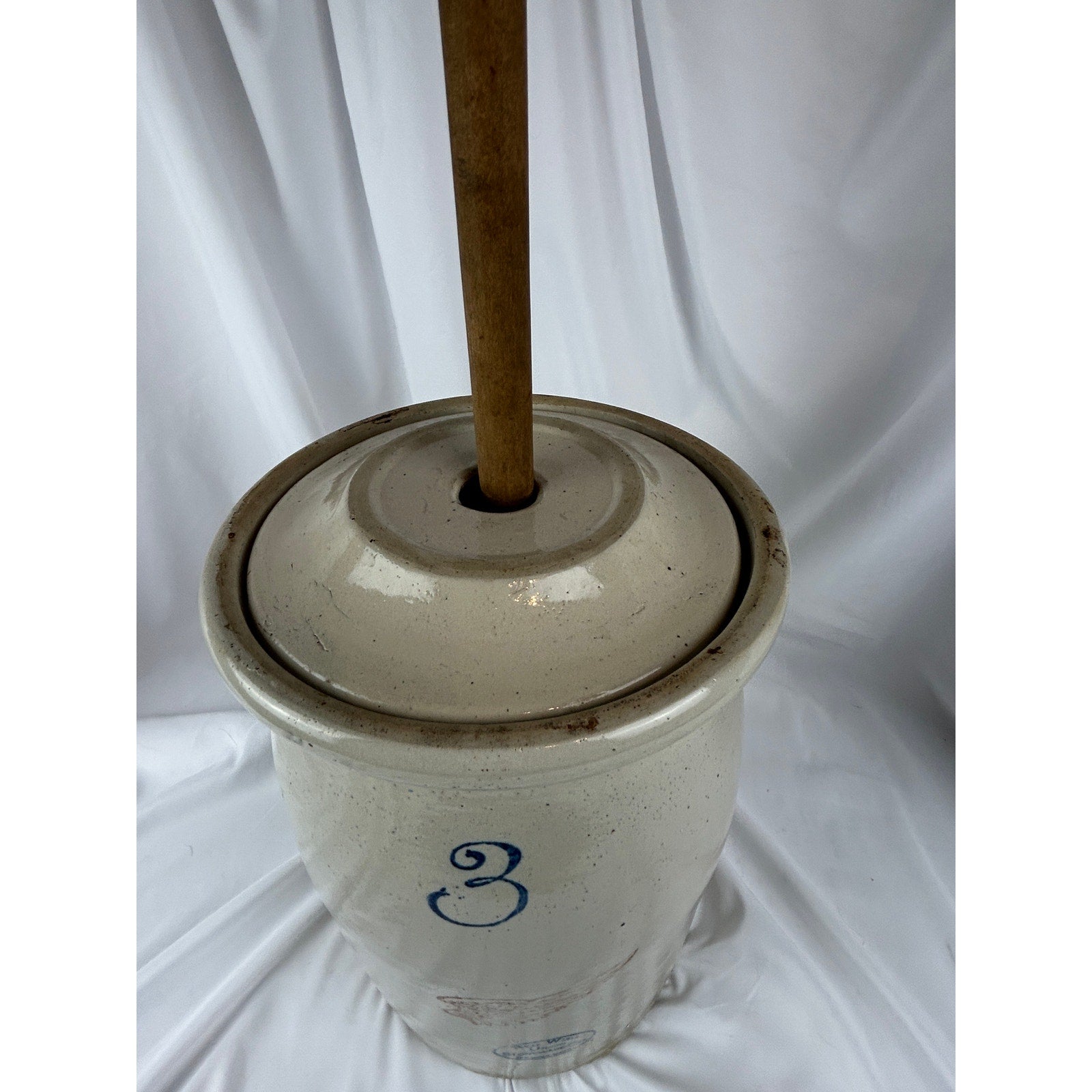 Antique Red Wing 3 Gallon Stoneware Butter Churn Crock w Lid & Wooden Dasher