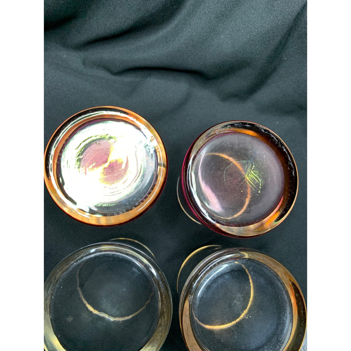 Set of 4 Gold Rim Lowball Rocks Glasses Colored Heavy Bases Barware