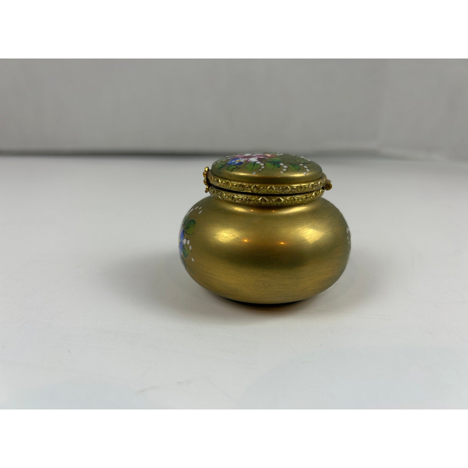 Limoges France Hand Painted Trinket Box Matte Gold Floral Round