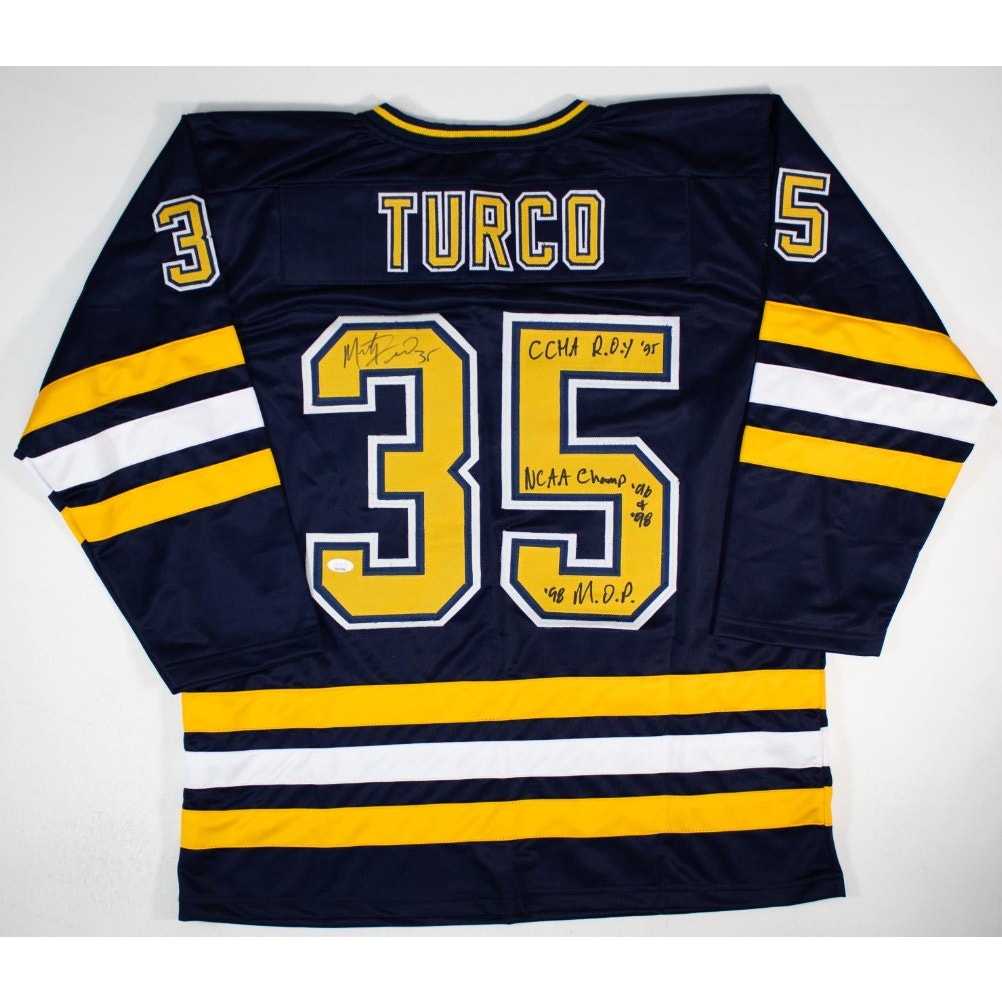 Marty Turco Signed Michigan Wolverines Custom Hockey Jersey JSA 3x Inscribed