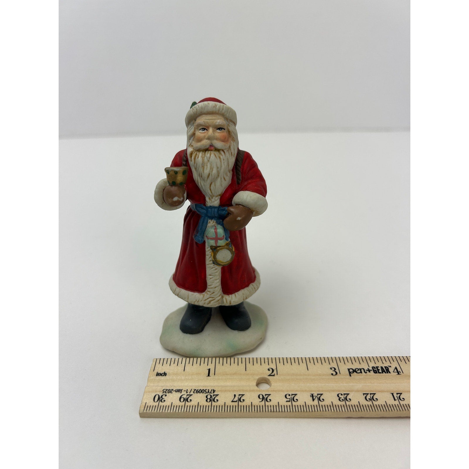 Christmas Traditions 4" Ceramic Santa Figurine Red Coat Hand Painted w Box