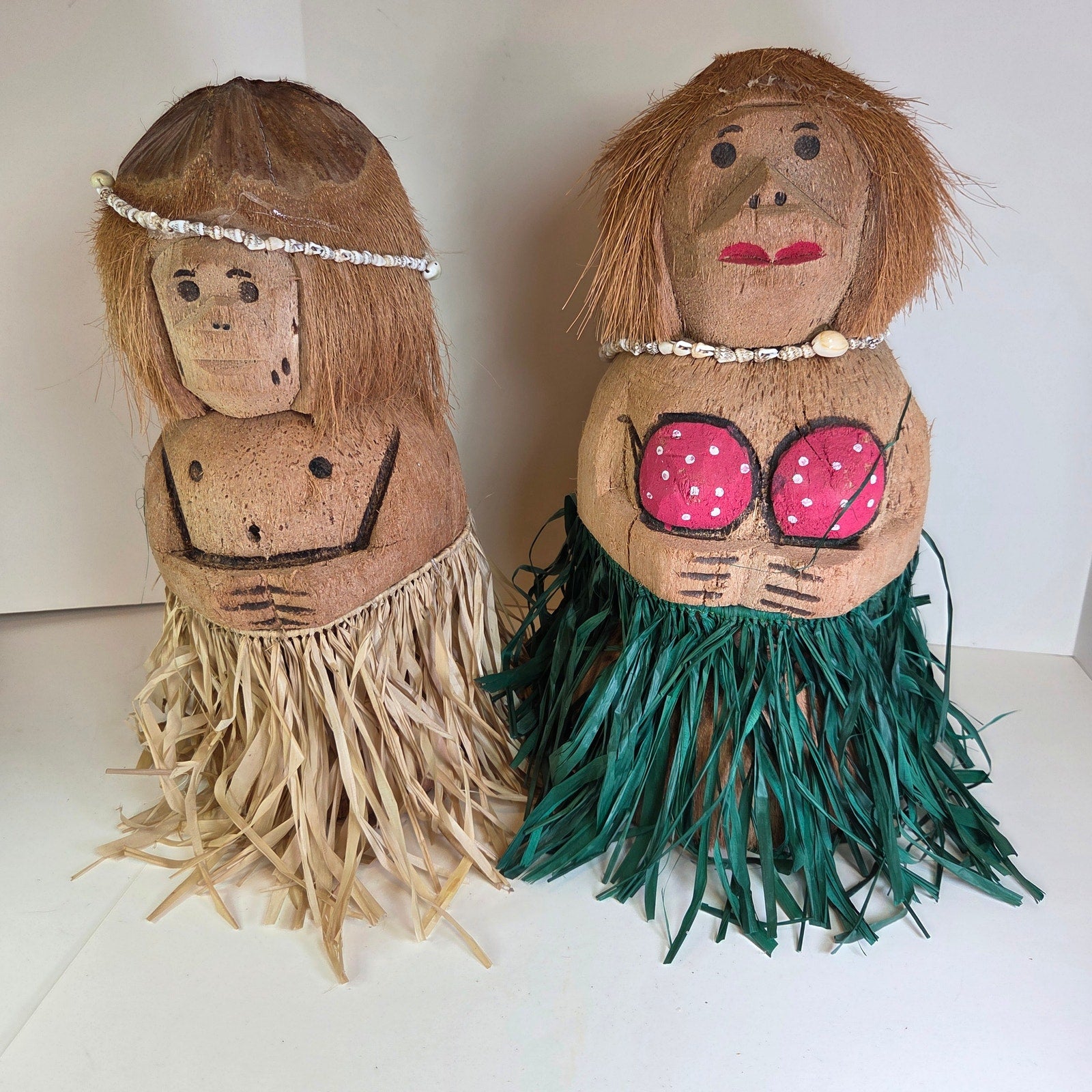 Vintage Hawaiian Coconut Hula Dolls Couple – Handcrafted Tiki Decor 12" Pair