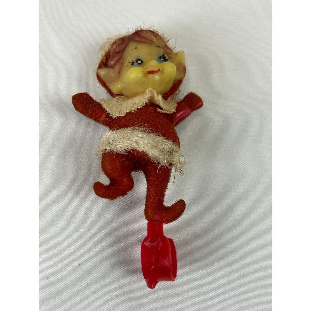 Vintage 1940s 1950s Flocked Pixie Elf Christmas Ornament Clips Lot of 4