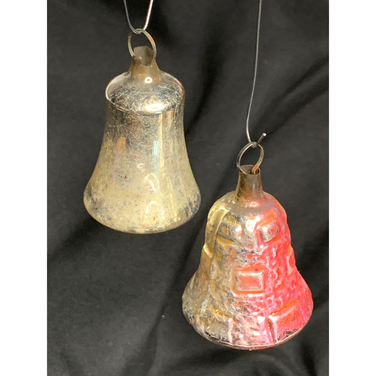 Vintage Glass Christmas Bell Ornaments Lot of 2 Red Silver Molded Embossed