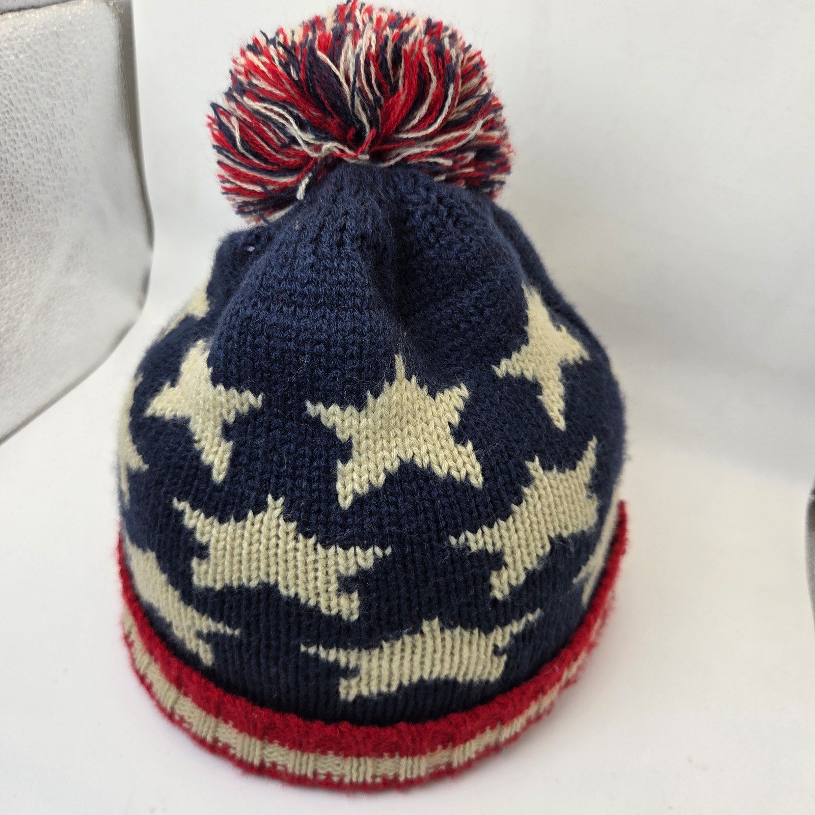 USA Flag Knit Beanie Hat Stars Stripes Pom Winter Acrylic Unbranded