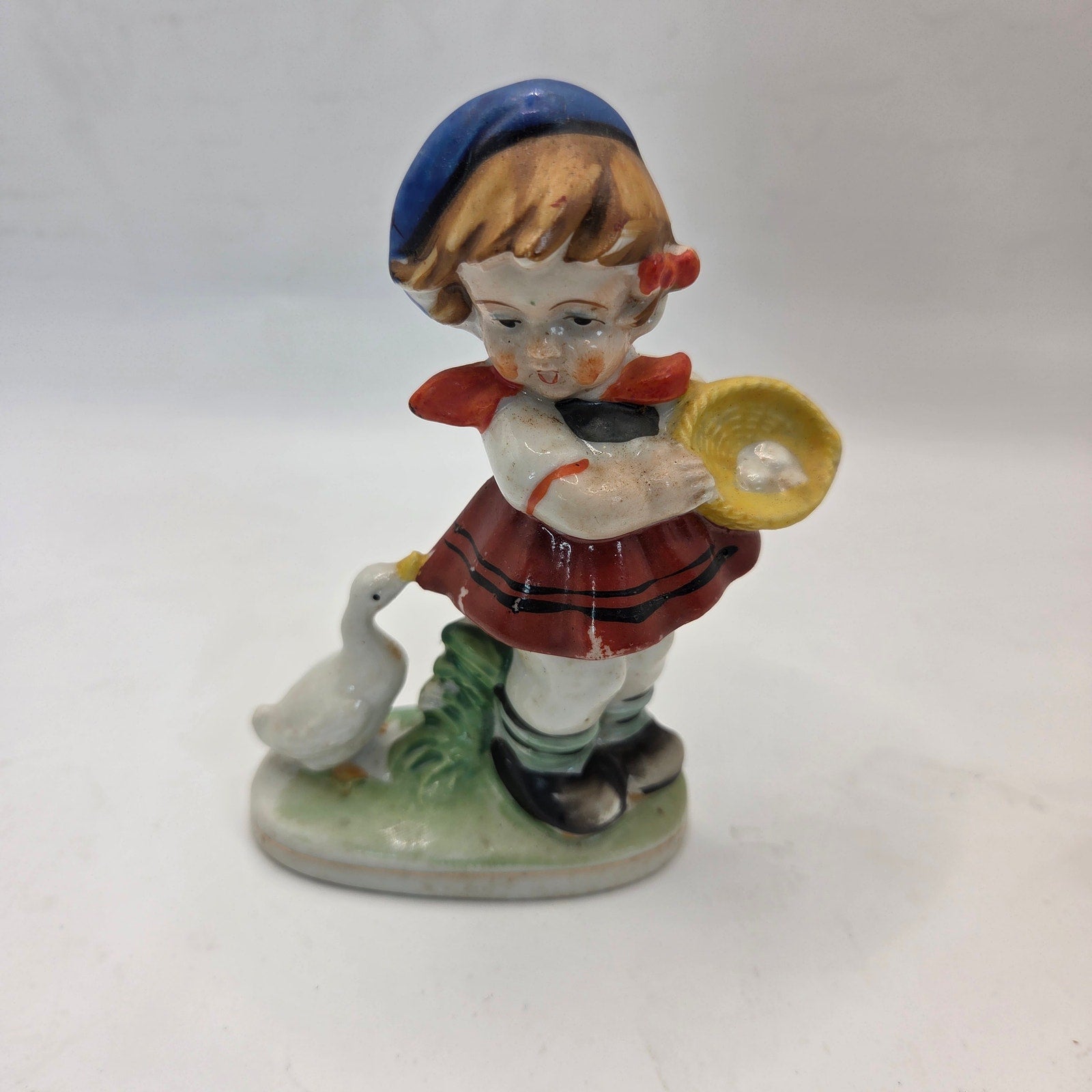 Occupied Japan Girl With Goose Figurine 4.5” Vintage Porcelain Painted