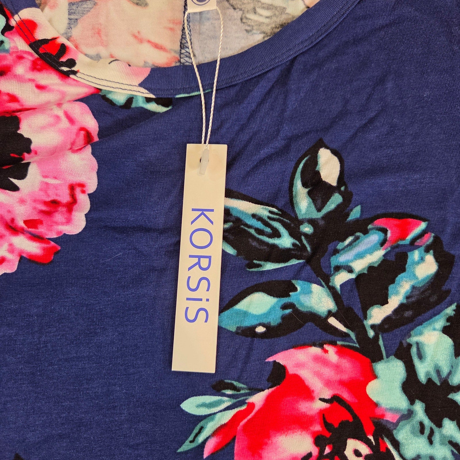 Korsis Blue Floral Dress Pink Rose Print Pockets Women’s Size S