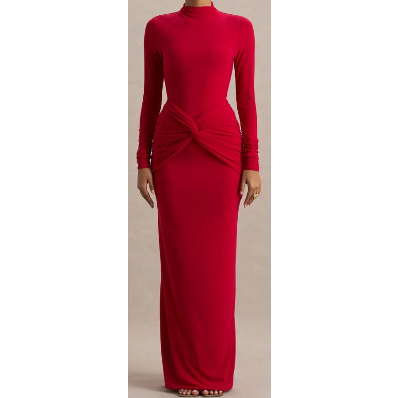Club L London Alula Red High Neck Twist Maxi Dress UK 10 US 6 Long Sleeve NWT