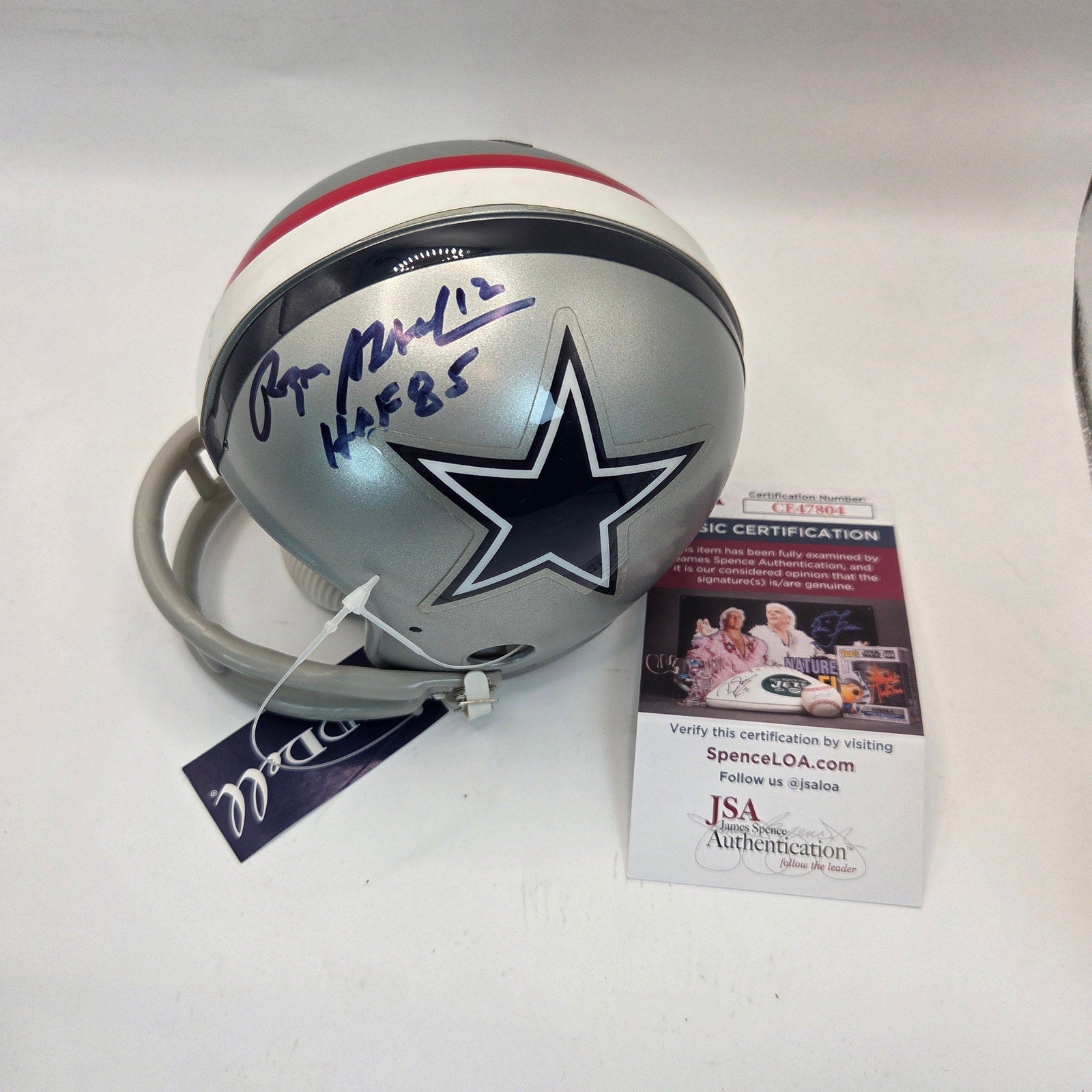 Dallas Cowboys Mini Helmet Roger Staubach Autographed w/ HOF 85 JSA COA