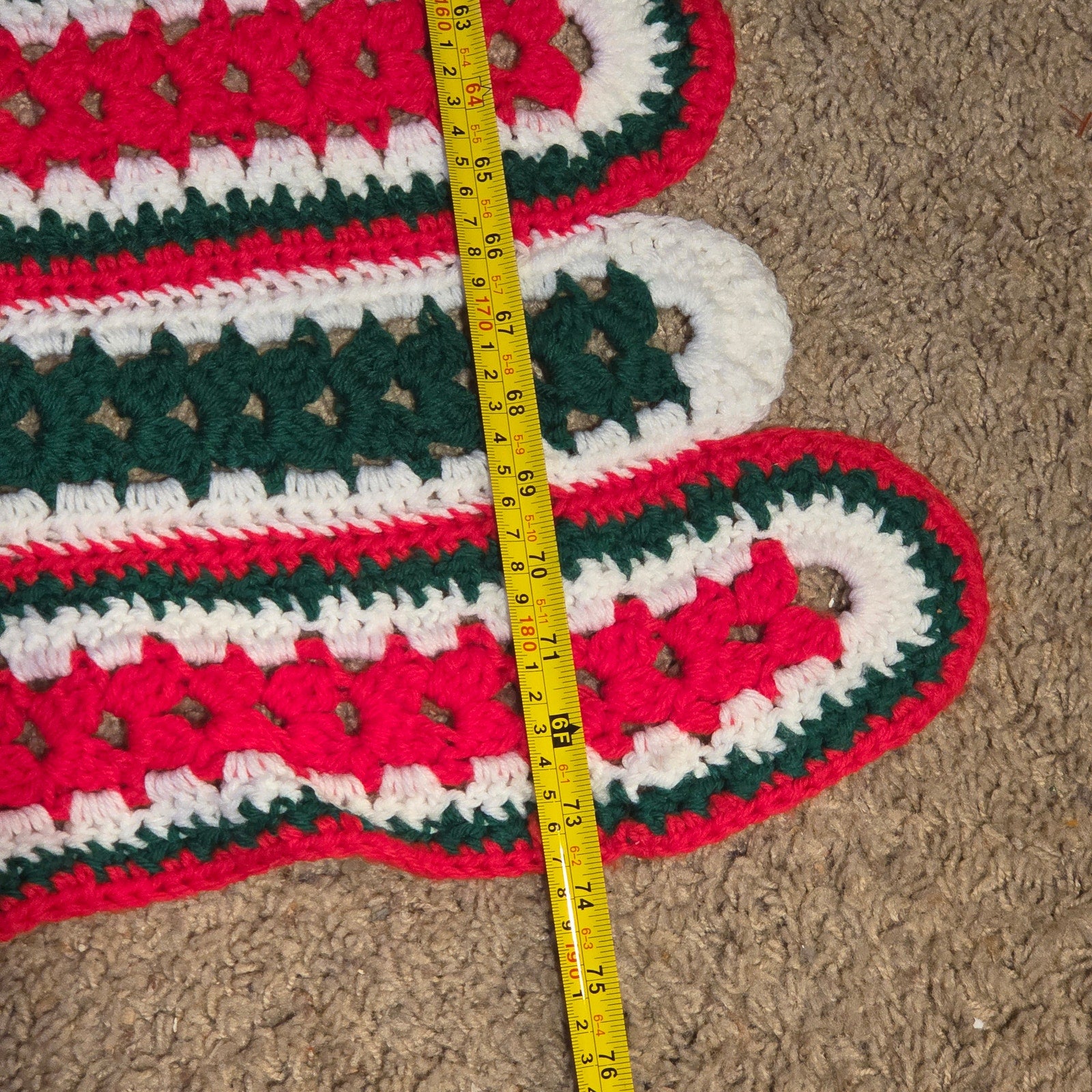 Handmade Crochet Afghan Blanket Red Green White Christmas Throw 73x70